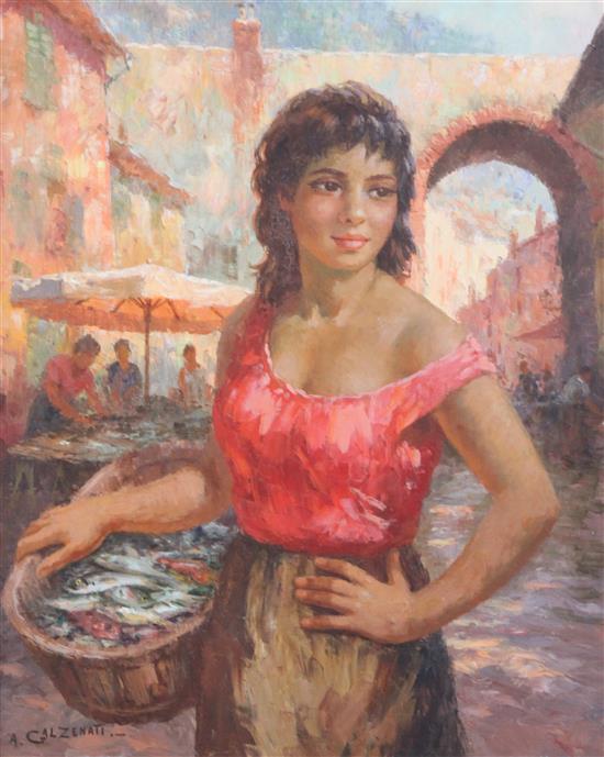 A. Galzenati Neapolitan fish seller 25 x 21in.